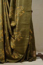 Mehendi Green Machine Embroidered Tussar Silk Saree - SRMGMETSS1508