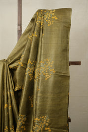 Mehendi Green Machine Embroidered Tussar Silk Saree - SRMGMETSS1508