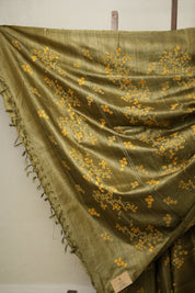 Mehendi Green Machine Embroidered Tussar Silk Saree - SRMGMETSS1508