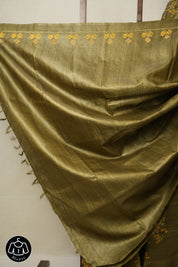 Mehendi Green Machine Embroidered Tussar Silk Saree - SRMGMETSS1508