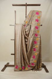 Sand Brown Machine Embroidered Tussar Silk Saree - SRSBMETSS1509