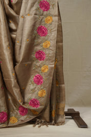 Sand Brown Machine Embroidered Tussar Silk Saree - SRSBMETSS1509