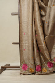 Sand Brown Machine Embroidered Tussar Silk Saree - SRSBMETSS1509