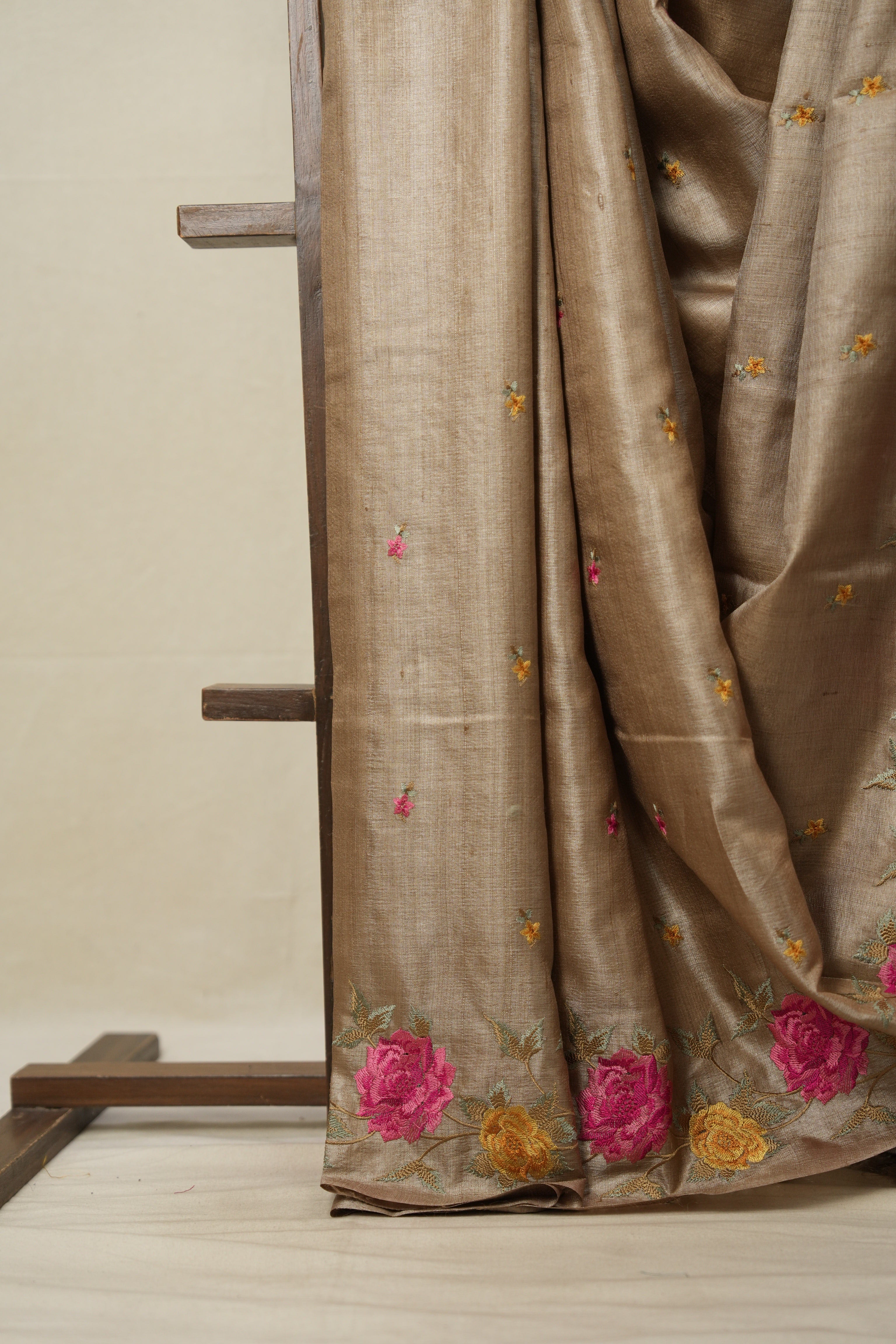 Sand Brown Machine Embroidered Tussar Silk Saree - SRSBMETSS1509