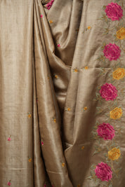 Sand Brown Machine Embroidered Tussar Silk Saree - SRSBMETSS1509