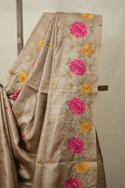 Sand Brown Machine Embroidered Tussar Silk Saree - SRSBMETSS1509