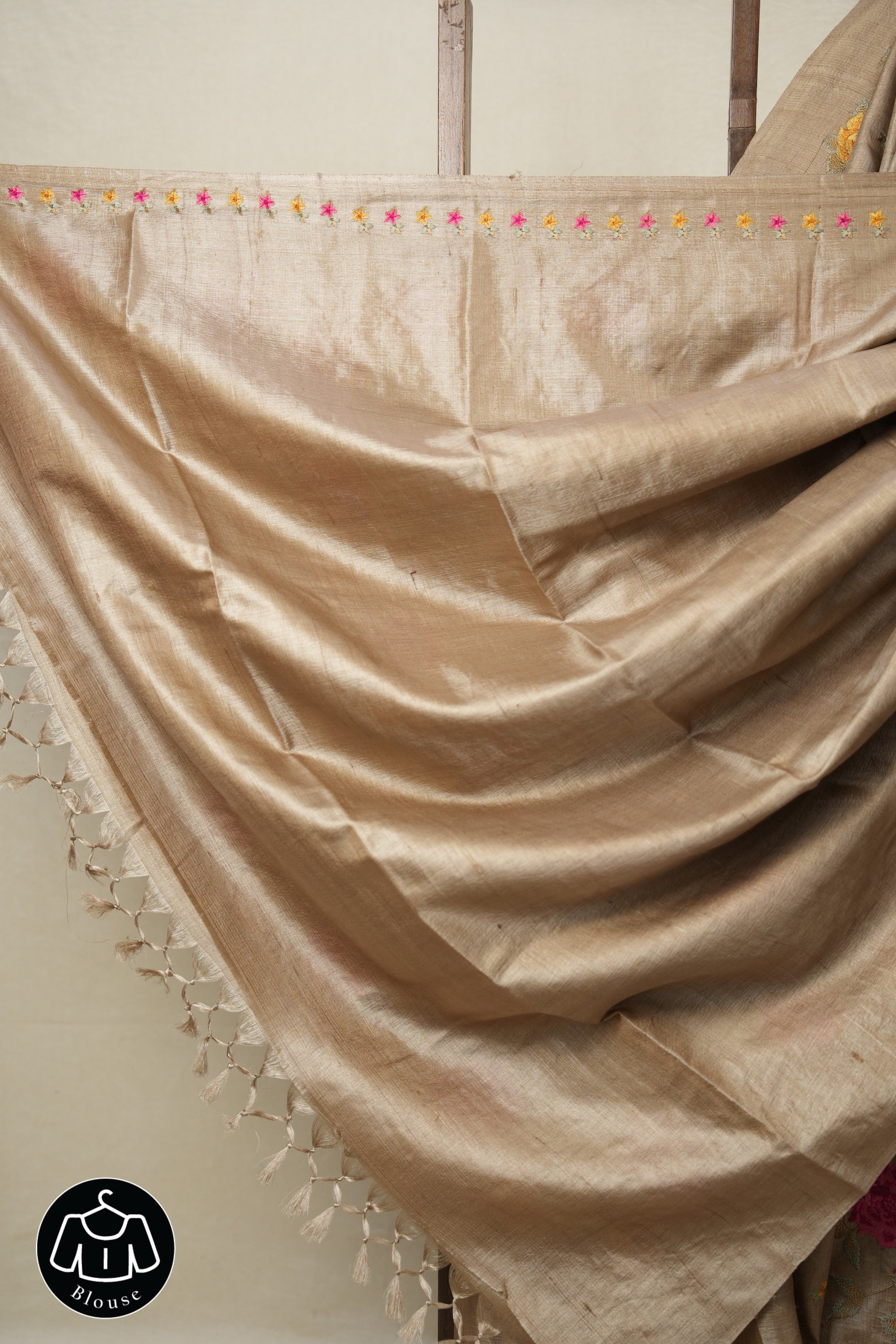 Sand Brown Machine Embroidered Tussar Silk Saree - SRSBMETSS1509