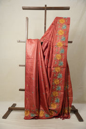 Crimson Red Machine Embroidered Tussar Silk Saree - SRCRMETSS1510