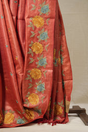 Crimson Red Machine Embroidered Tussar Silk Saree - SRCRMETSS1510