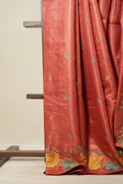 Crimson Red Machine Embroidered Tussar Silk Saree - SRCRMETSS1510