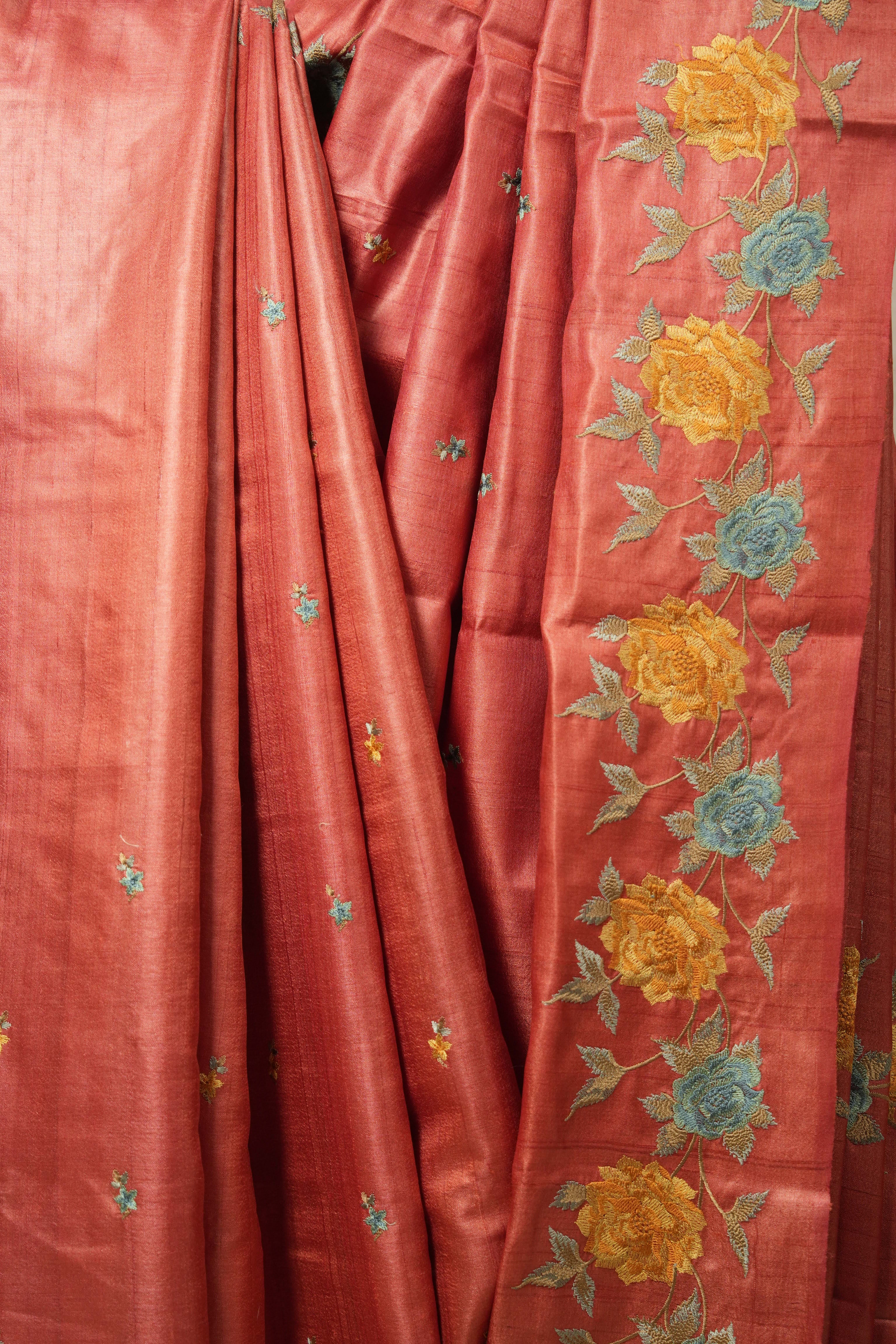 Crimson Red Machine Embroidered Tussar Silk Saree - SRCRMETSS1510