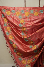 Crimson Red Machine Embroidered Tussar Silk Saree - SRCRMETSS1510