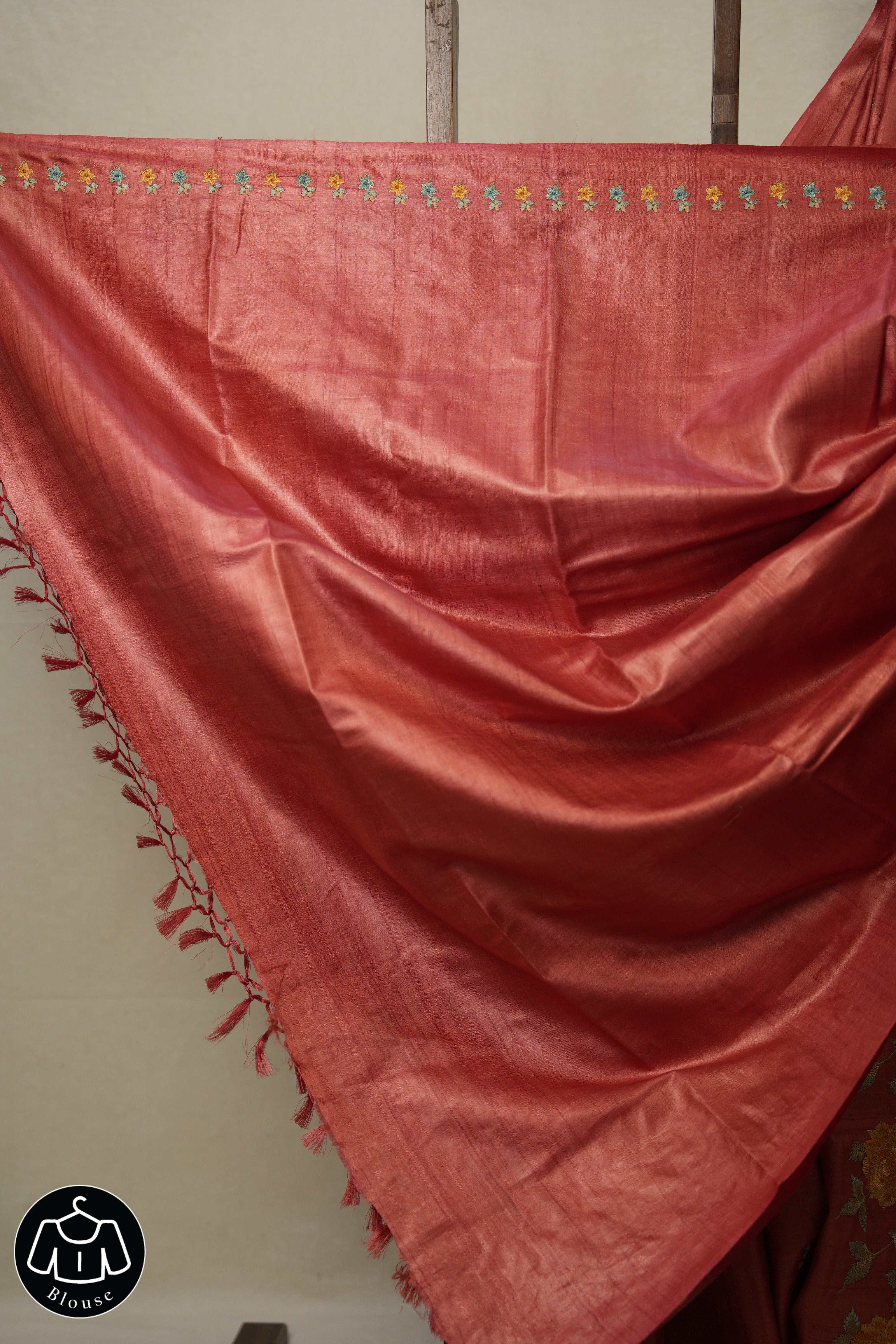 Crimson Red Machine Embroidered Tussar Silk Saree - SRCRMETSS1510