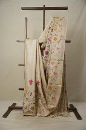 Beige Machine Embroidered Tussar Silk Saree - SRBMETSS1511