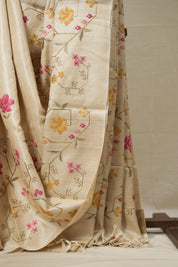 Beige Machine Embroidered Tussar Silk Saree - SRBMETSS1511