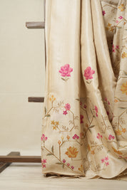 Beige Machine Embroidered Tussar Silk Saree - SRBMETSS1511