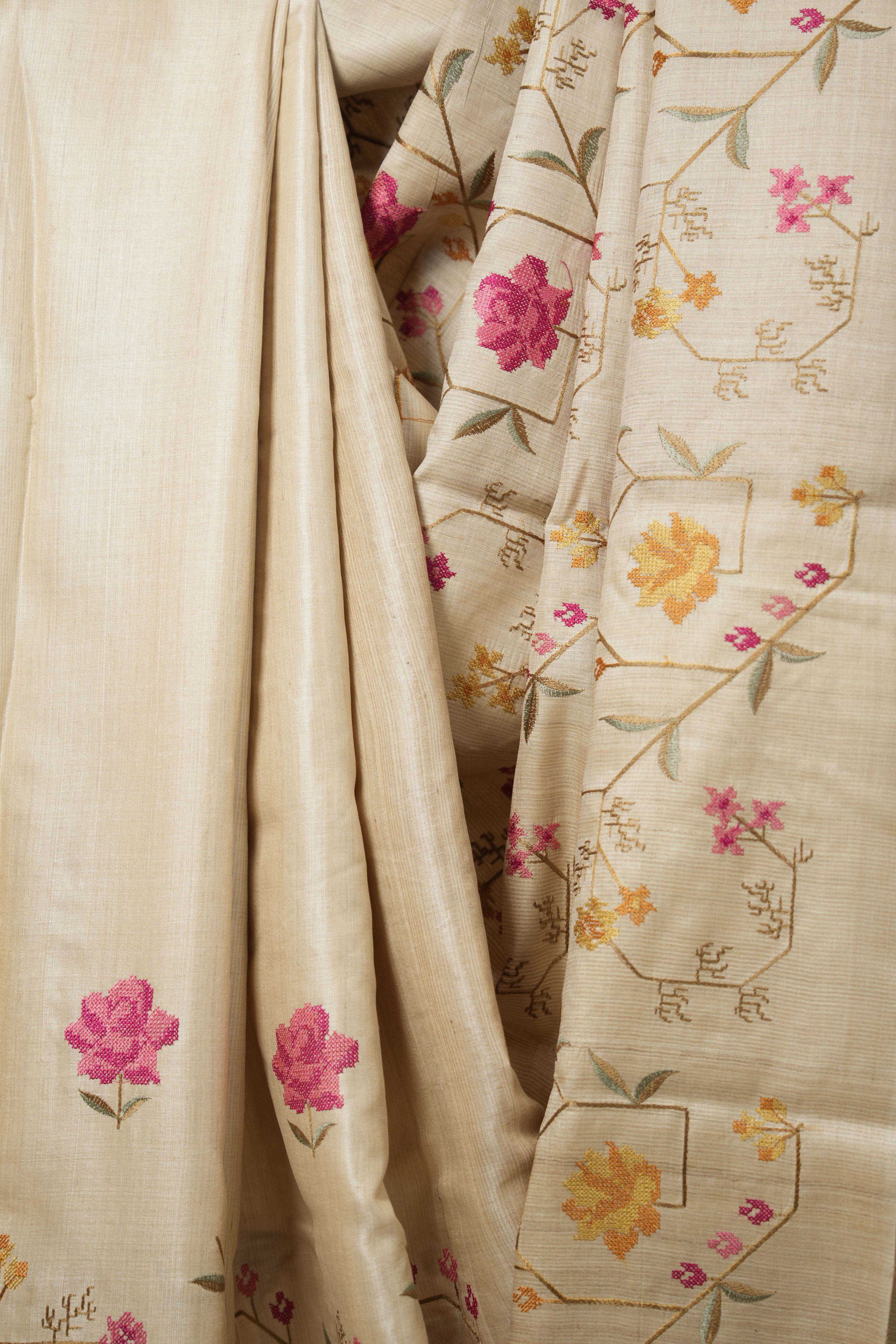 Beige Machine Embroidered Tussar Silk Saree - SRBMETSS1511