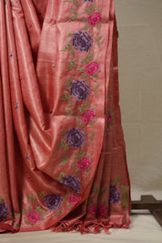 Pink Machine Embroidered Tussar Silk Saree - SRPMETSS1512