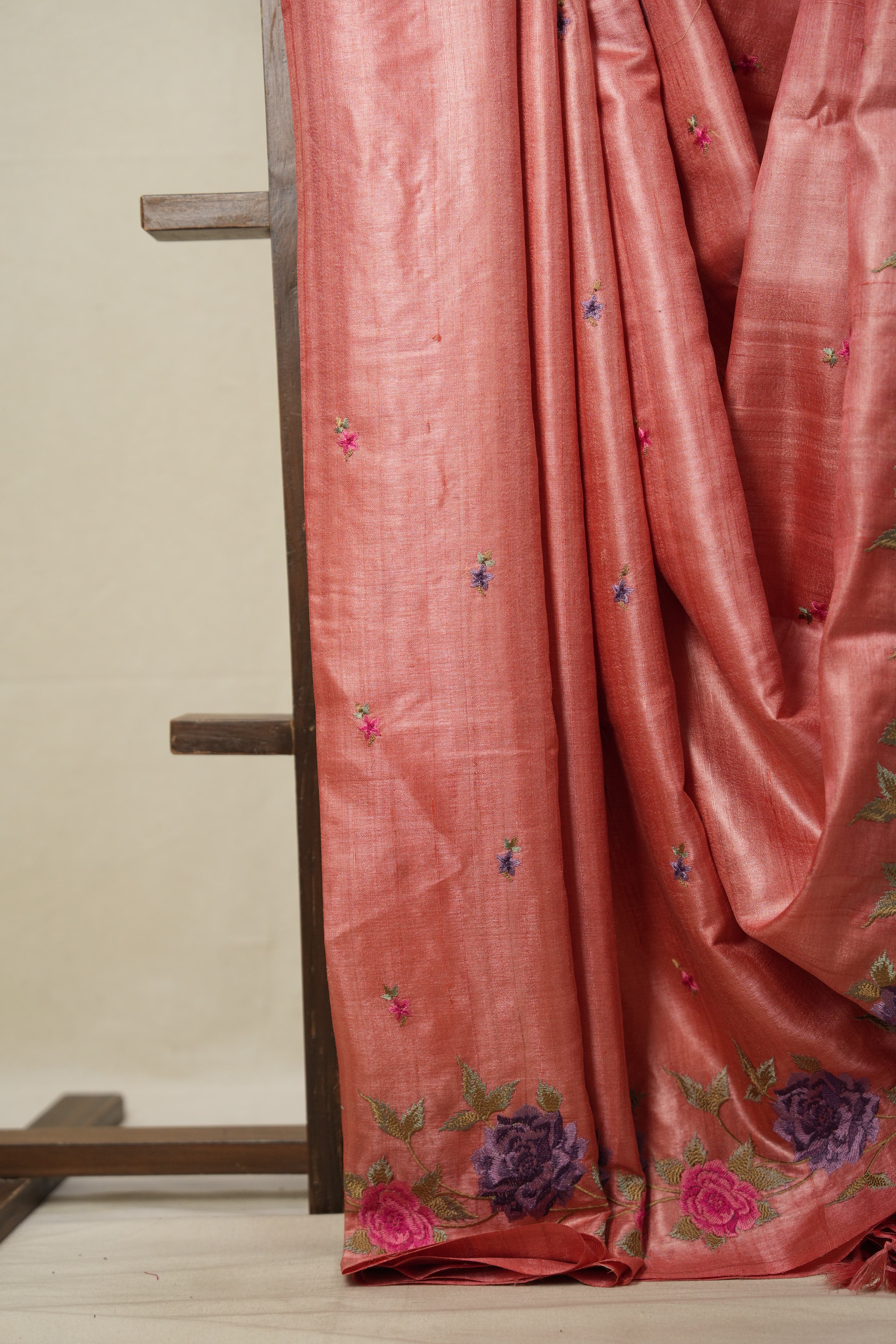 Pink Machine Embroidered Tussar Silk Saree - SRPMETSS1512