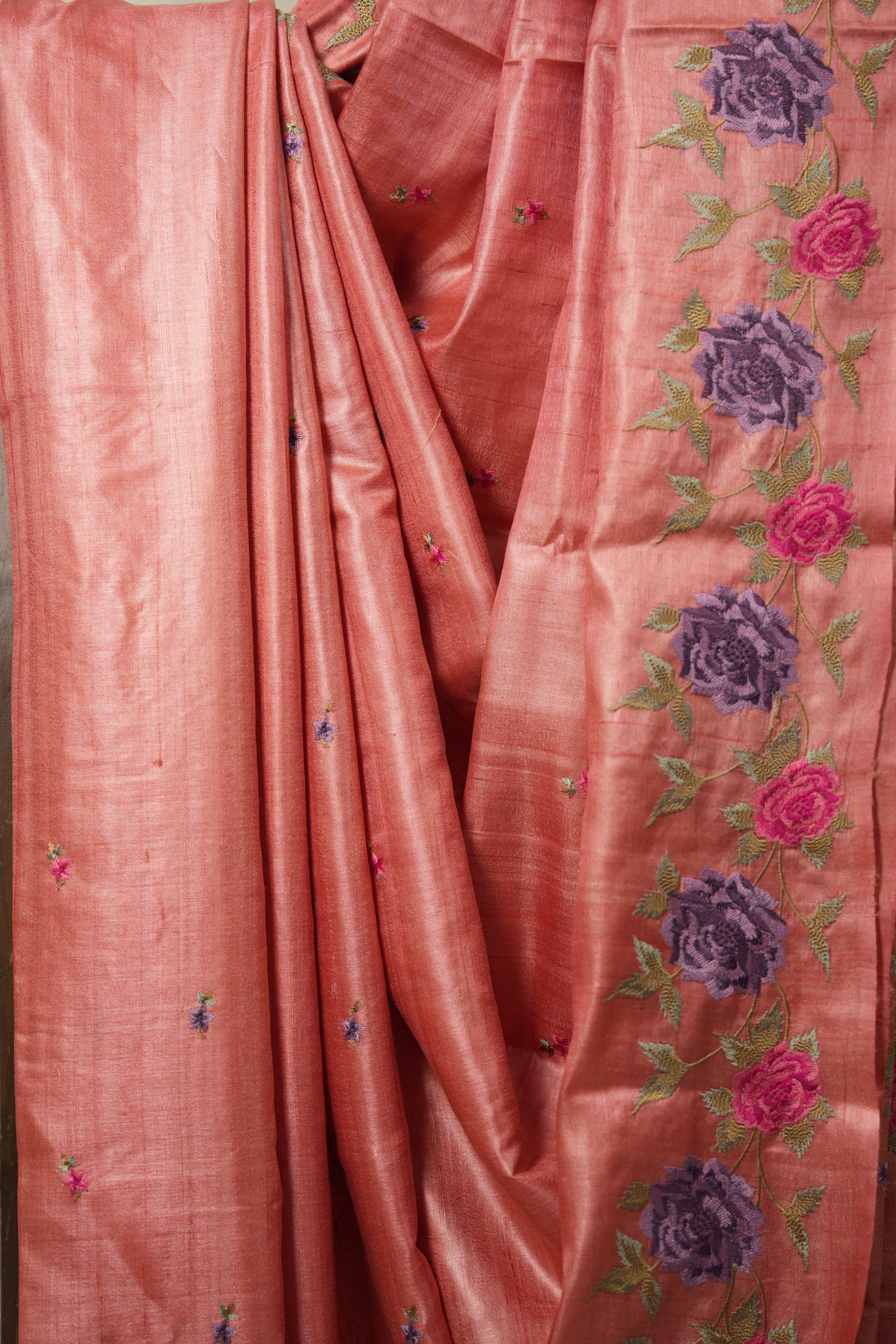 Pink Machine Embroidered Tussar Silk Saree - SRPMETSS1512