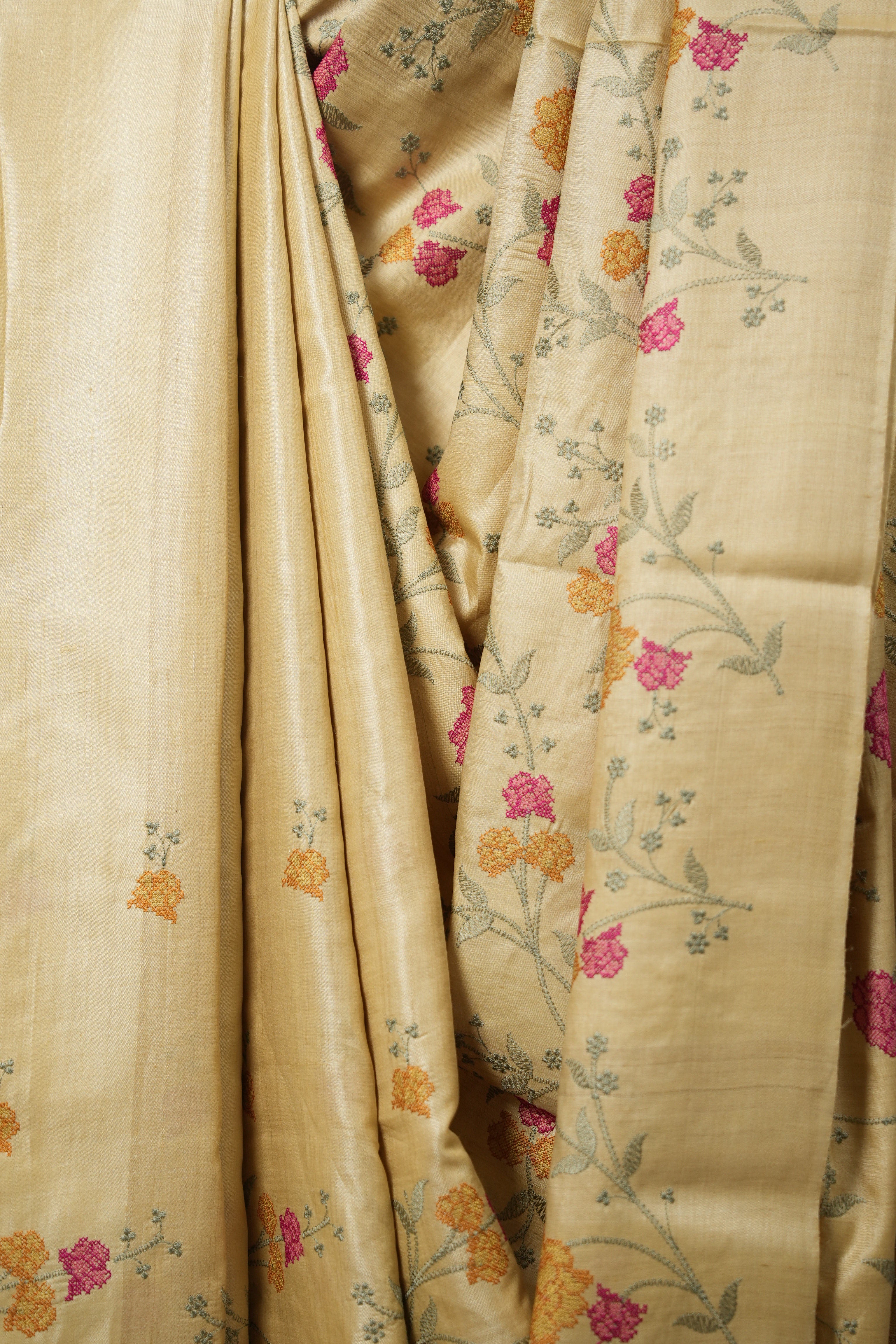 Pale Yellow Machine Embroidered Tussar Silk Saree - SRPYMETSS1507