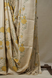 Beige Machine Embroidered Tussar Silk Saree - SRBMETSS1505