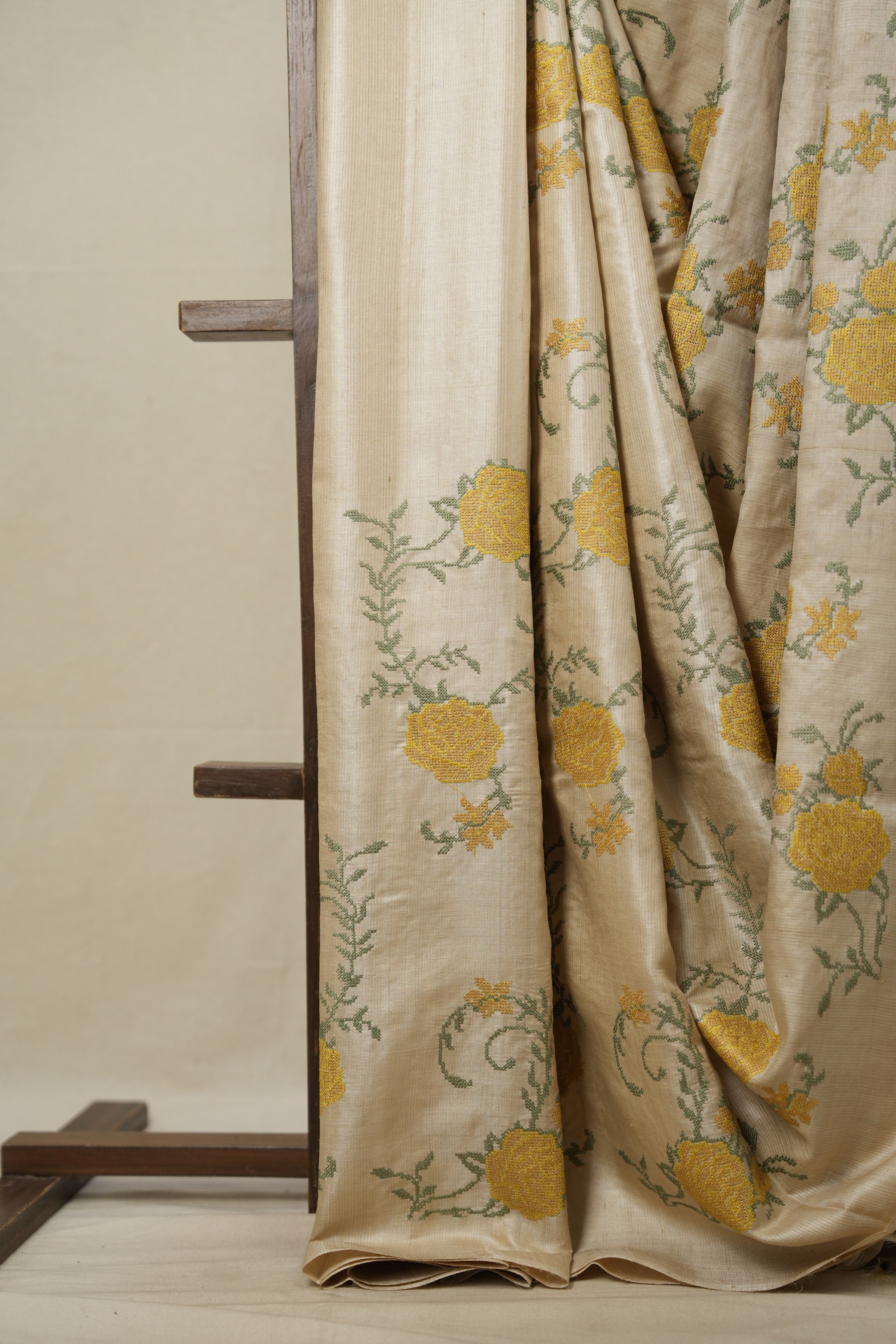 Beige Machine Embroidered Tussar Silk Saree - SRBMETSS1505