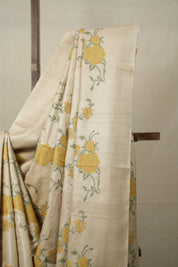 Beige Machine Embroidered Tussar Silk Saree - SRBMETSS1505
