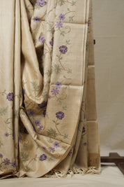 Beige Machine Embroidered Tussar Silk Saree - SRBMETSS1504