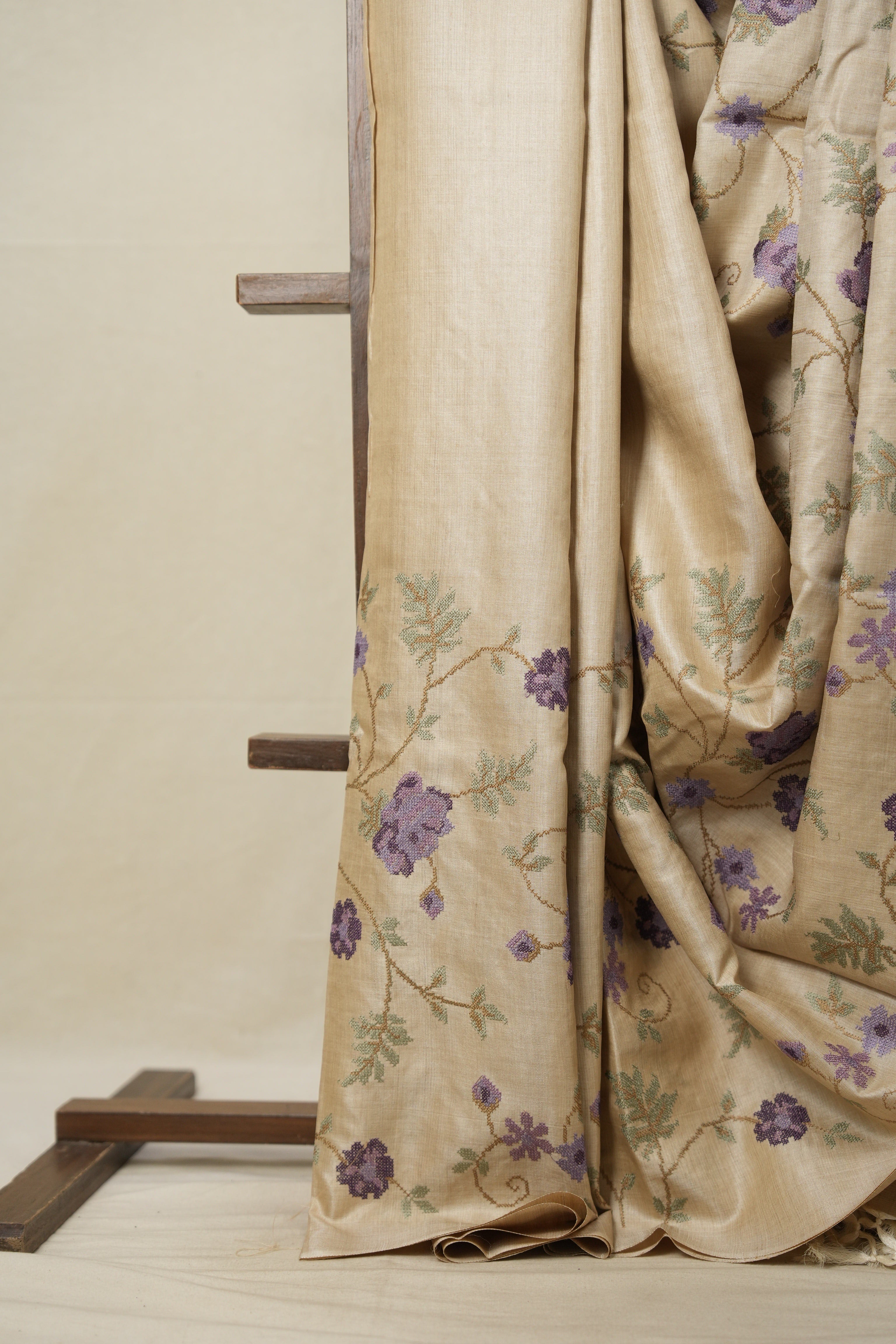 Beige Machine Embroidered Tussar Silk Saree - SRBMETSS1504