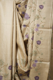 Beige Machine Embroidered Tussar Silk Saree - SRBMETSS1504