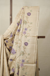 Beige Machine Embroidered Tussar Silk Saree - SRBMETSS1504