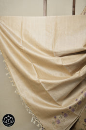 Beige Machine Embroidered Tussar Silk Saree - SRBMETSS1504