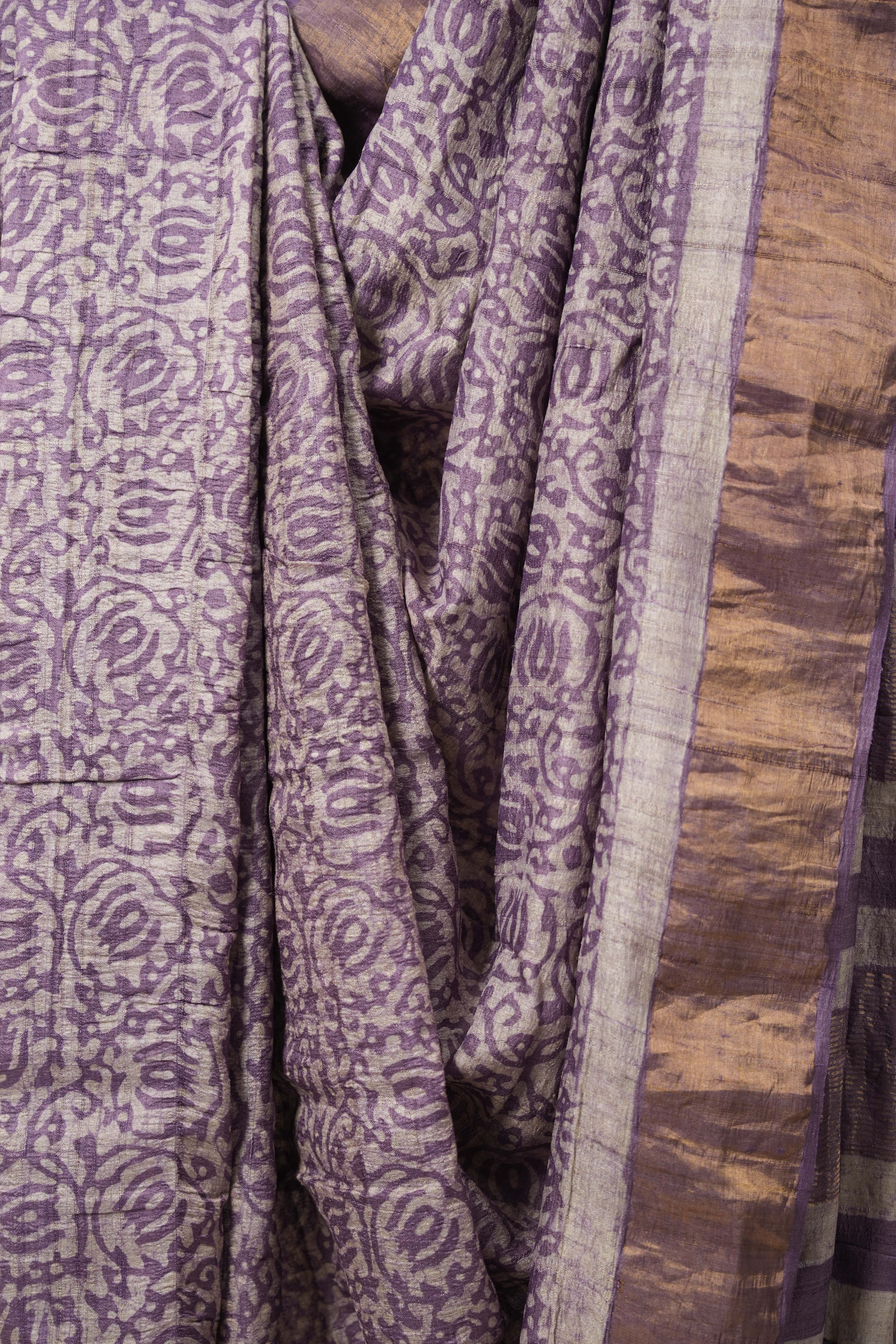 Purple Cream HBP Tussar Silk Saree - SRPCHTSS746