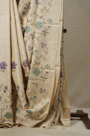 Cream Machine Embroidered Tussar Silk Saree - SRCMETSS1502