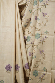 Cream Machine Embroidered Tussar Silk Saree - SRCMETSS1502