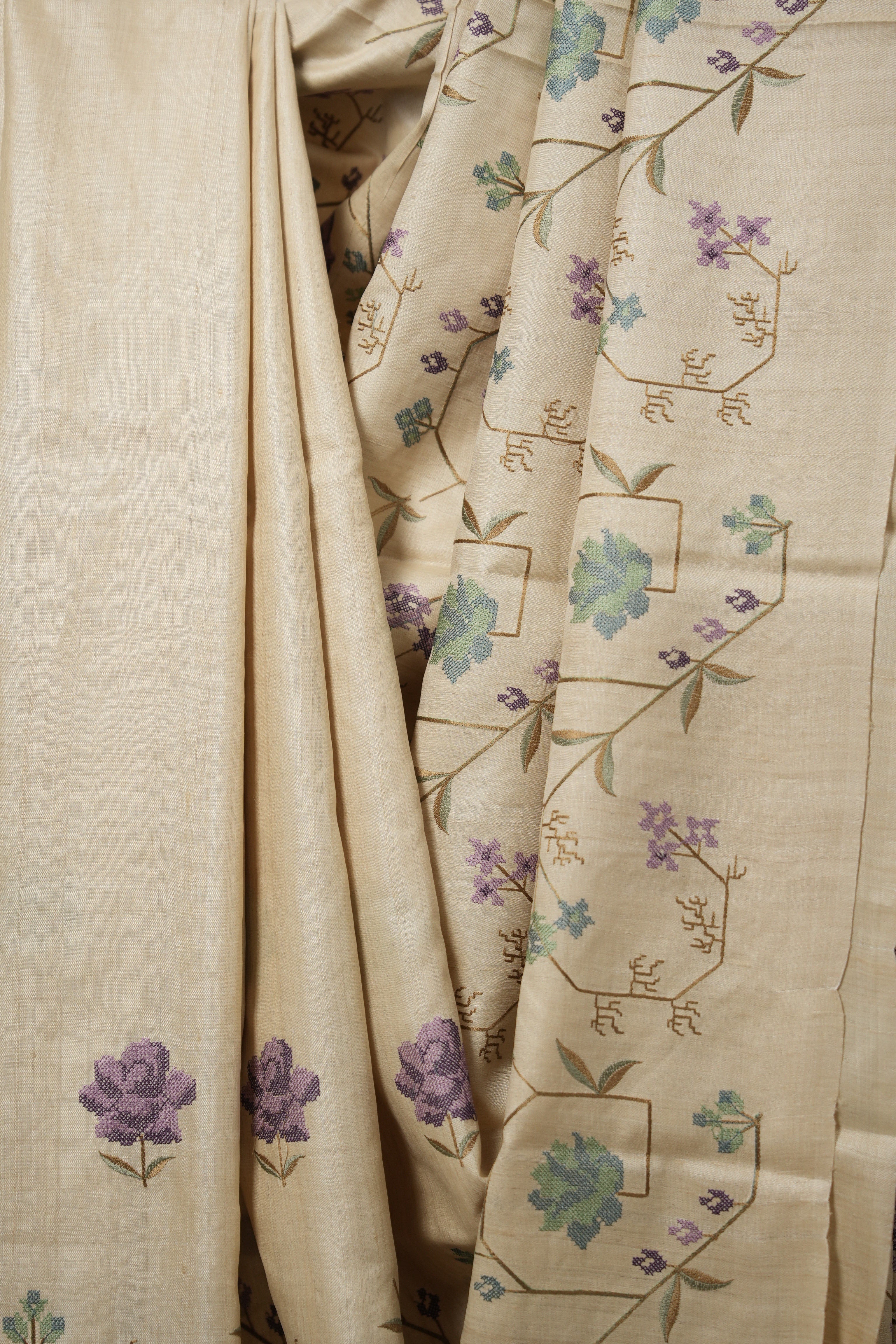 Cream Machine Embroidered Tussar Silk Saree - SRCMETSS1502