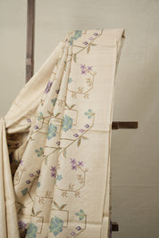 Cream Machine Embroidered Tussar Silk Saree - SRCMETSS1502
