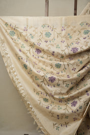 Cream Machine Embroidered Tussar Silk Saree - SRCMETSS1502