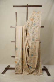 Beige Machine Embroidered Tussar Silk Saree - SRBMETSS1501