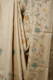 Beige Machine Embroidered Tussar Silk Saree - SRBMETSS1501