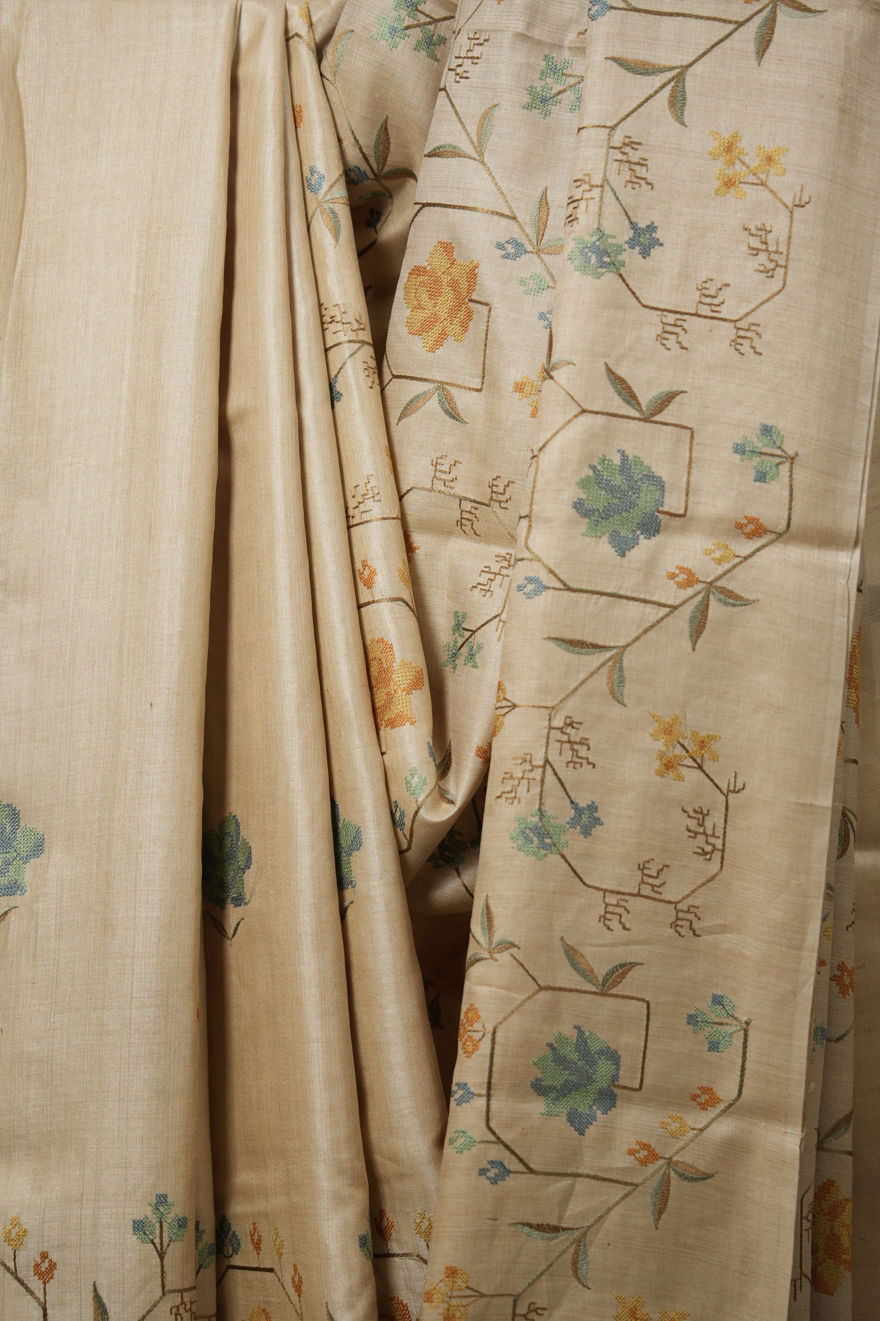 Beige Machine Embroidered Tussar Silk Saree - SRBMETSS1501