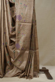Dusty Brown Machine Embroidered Tussar Silk Saree - SRDBETSS1486