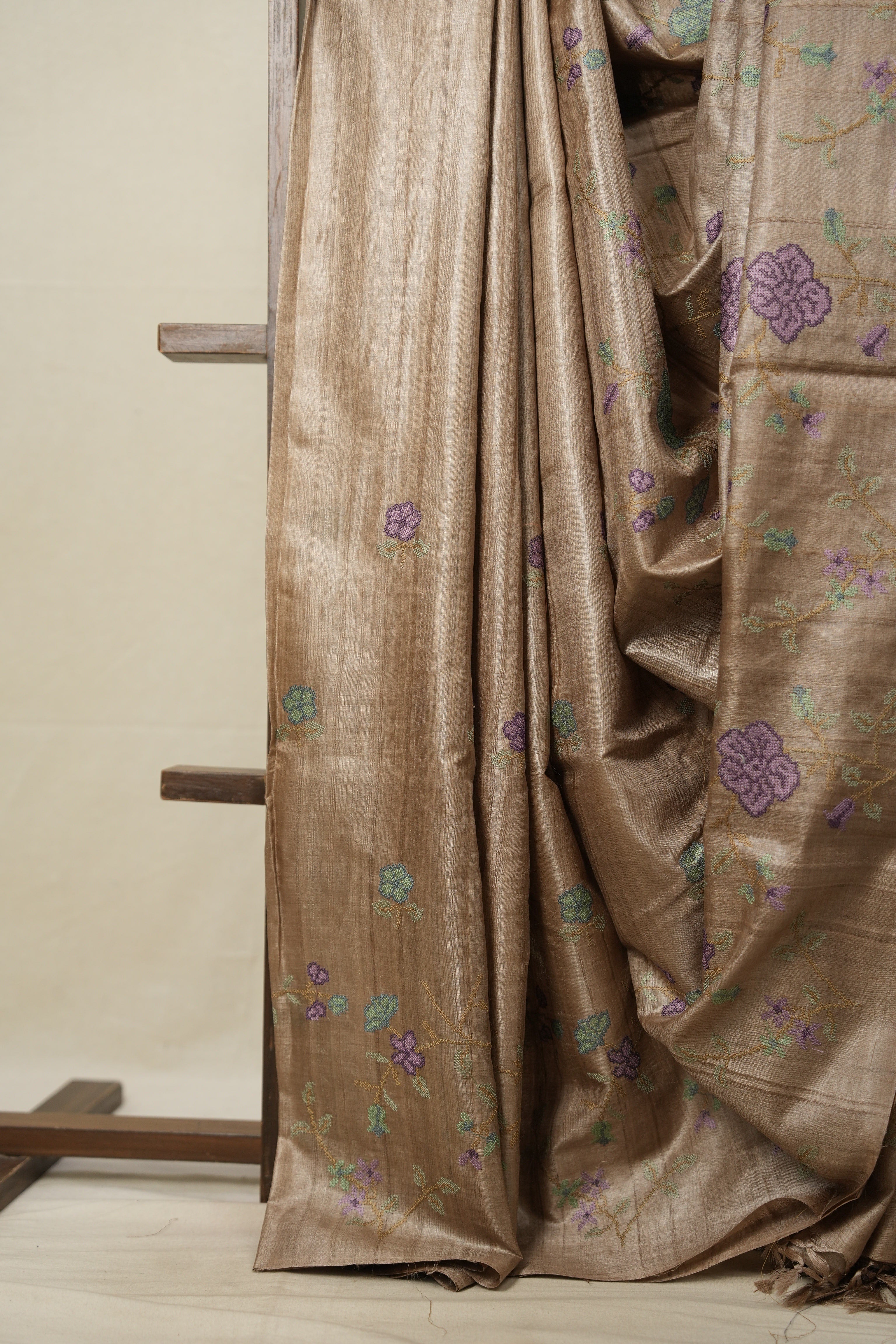 Dusty Brown Machine Embroidered Tussar Silk Saree - SRDBETSS1486