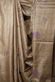 Dusty Brown Machine Embroidered Tussar Silk Saree - SRDBETSS1486