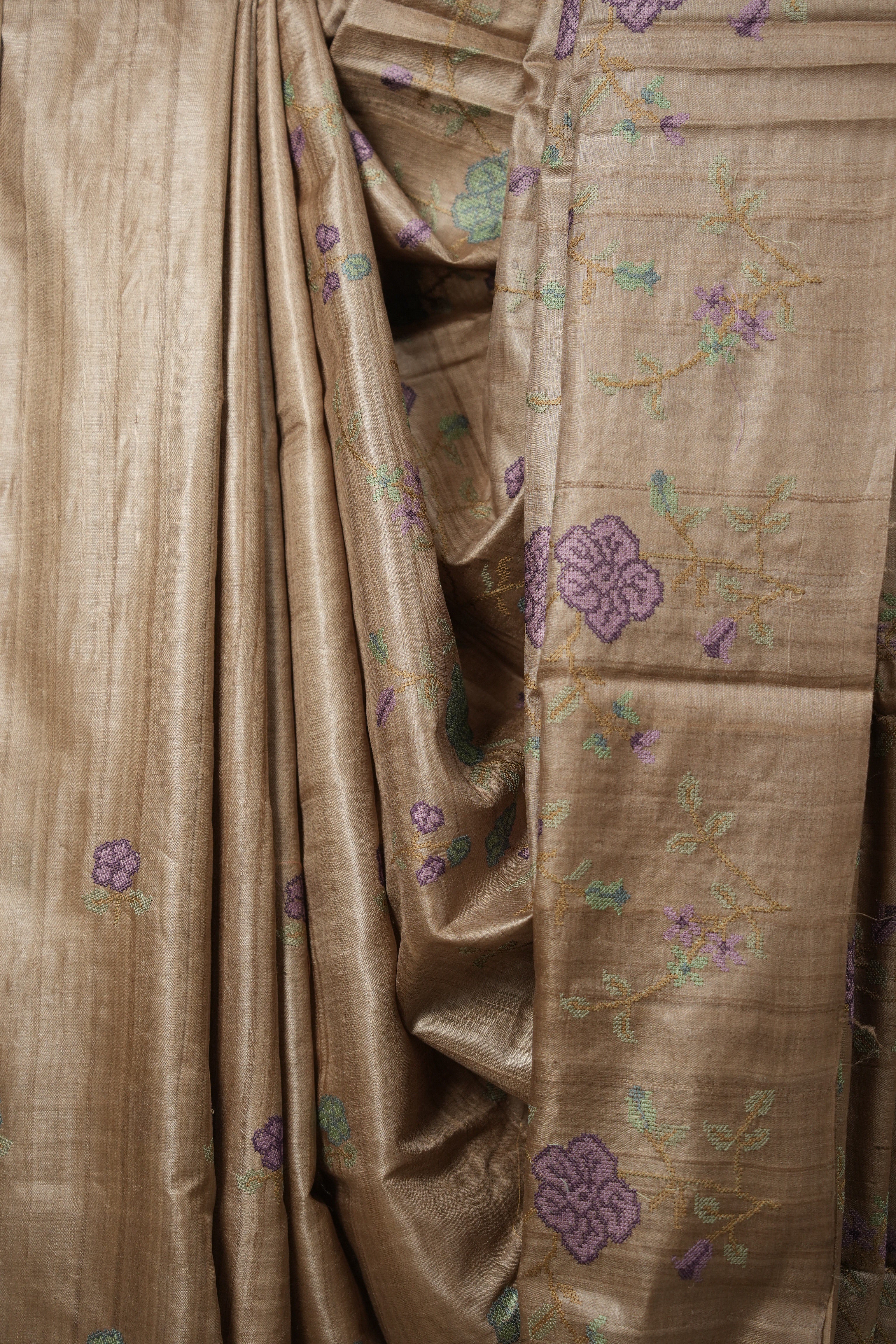 Dusty Brown Machine Embroidered Tussar Silk Saree - SRDBETSS1486
