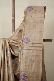 Dusty Brown Machine Embroidered Tussar Silk Saree - SRDBETSS1486