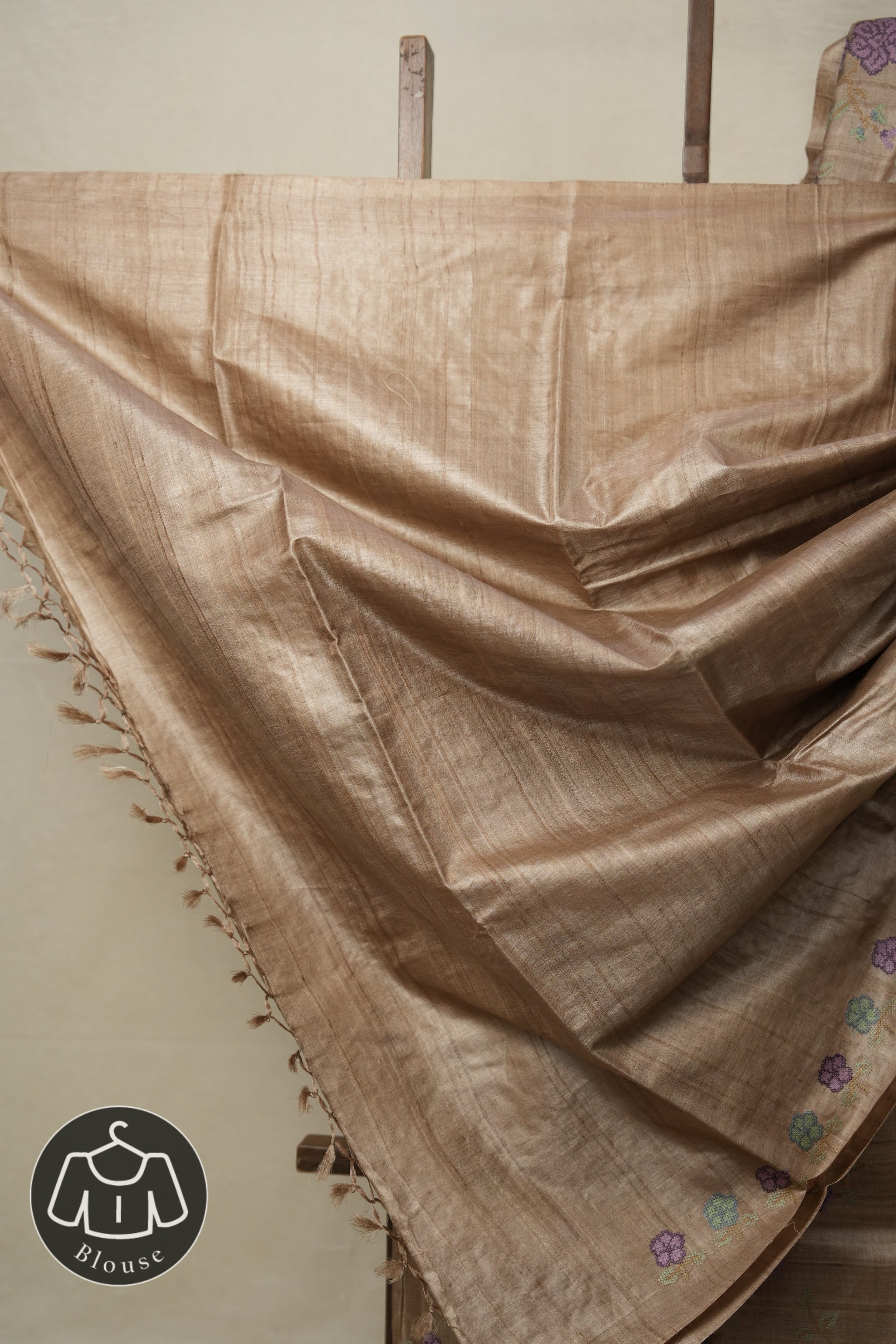 Dusty Brown Machine Embroidered Tussar Silk Saree - SRDBETSS1486