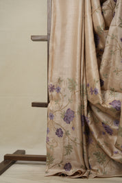 Dusty Cream Machine Embroidered Tussar Silk Saree - SRDCETSS1487