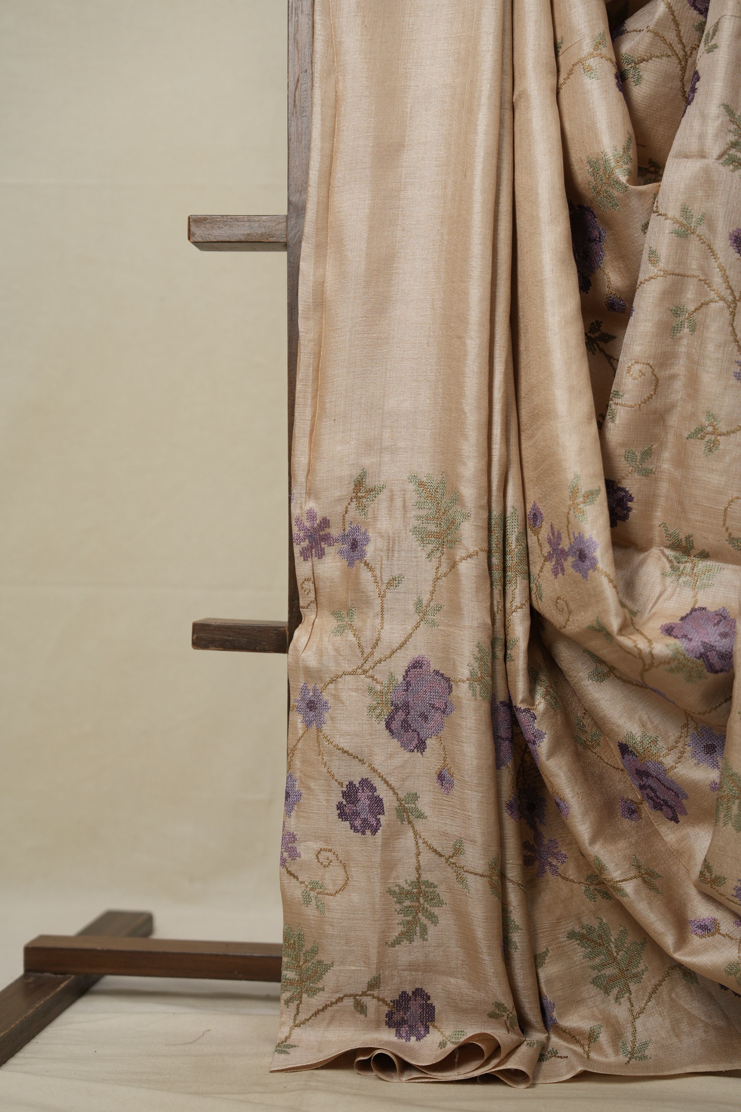Dusty Cream Machine Embroidered Tussar Silk Saree - SRDCETSS1487